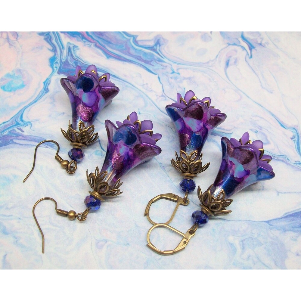 Purple Art Nouveau Earrings Dangle, Hand Painted, , Flower Gifts, Gift for Mom